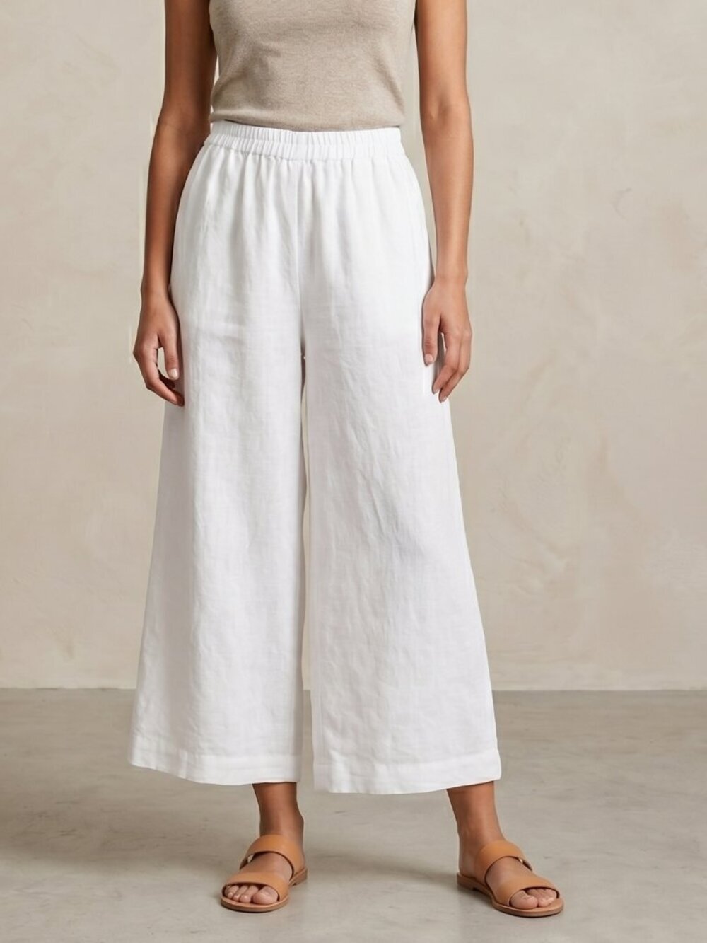 Eskandar White Linen Wide Leg Cropped Culottes Elastic Waist Lagenlook Size 1